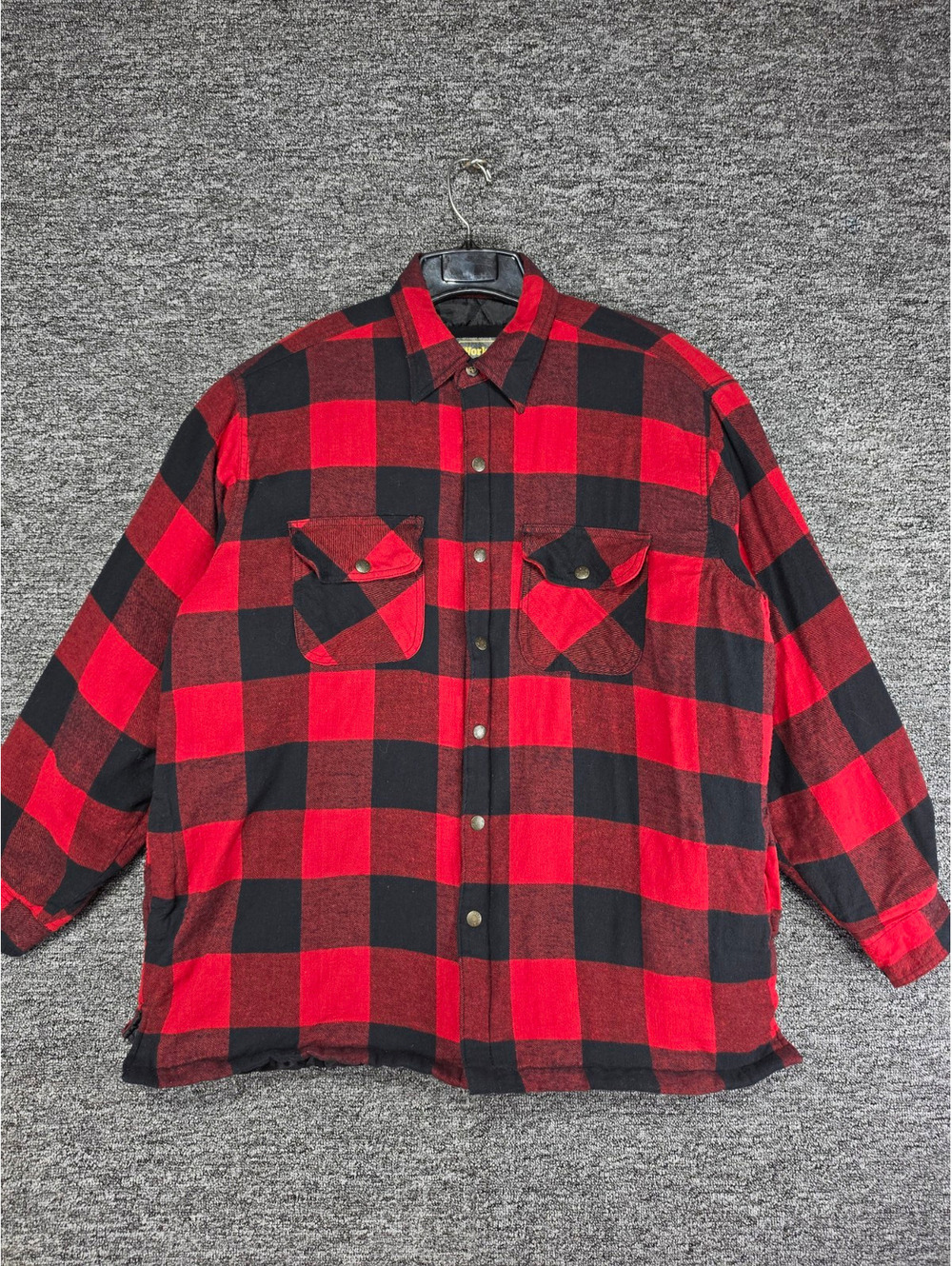 Work 'n' Sport Men's XL Red/Black Plaid Flannel Quilted Lined Button-Up Pockets
